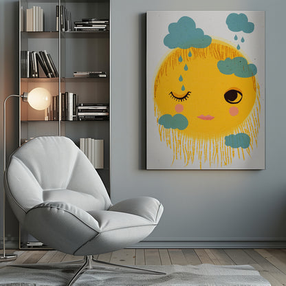 A whimsical illustration of a large, round yellow sun with a friendly face. The sun is winking with one eye, has pink cheeks, and its rays are depicted as a shaggy fringe. Small, stylistic blue clouds float around it, with some dripping blue raindrops. Wall Art