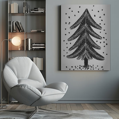 A black and white block print illustration of a stylized Christmas tree against a light gray background. Black specks representing falling snow surround the tree. The artwork has a rustic, folk art feel and is presented in a black frame. Print