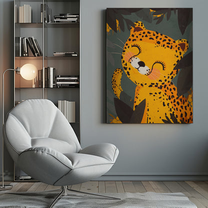 A cute, stylized illustration of a happy leopard with its eyes closed, smiling contentedly. The yellow and black-spotted leopard is surrounded by dark green and black jungle foliage. Decor