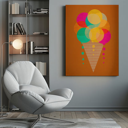 A modern graphic art print of an ice cream cone on a burnt orange background. The ice cream is composed of multiple overlapping, translucent circles in bright pink, yellow, and teal, with drips falling down the sides of a patterned cone. Print