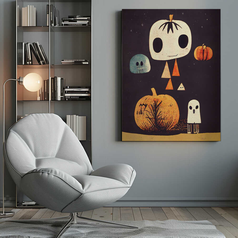 A whimsical Halloween illustration with several stylized characters against a dark starry background. The main figure is a large, cream-colored pumpkin head with big black eyes and a body made of triangles. It is surrounded by a blue skull, a small orange pumpkin, a large orange pumpkin with a tree silhouette, and a small white ghost. Print