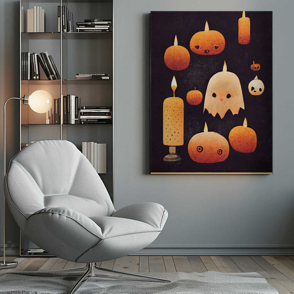 A whimsical Halloween illustration featuring a cute white ghost and several orange pumpkins with carved faces, all lit like candles with flames on their heads. The characters are set against a dark, textured background, creating a charming and spooky scene. Artwork