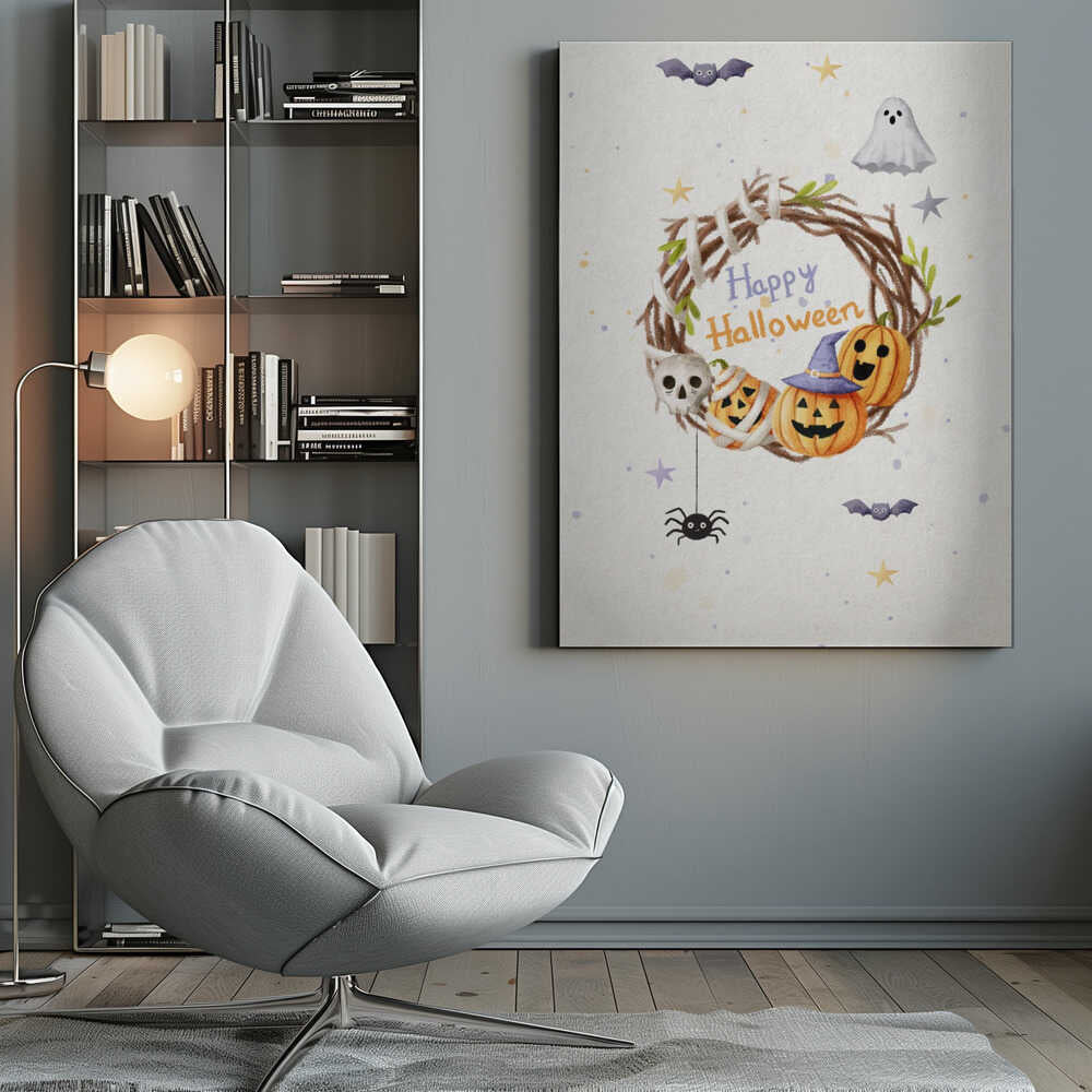 A charming watercolor illustration for Halloween featuring a twig wreath decorated with smiling jack-o'-lanterns, a skull, and the words 'Happy Halloween'. The scene is surrounded by a friendly ghost, bats, a spider, and stars on a light, speckled background, all within a black frame. Decor
