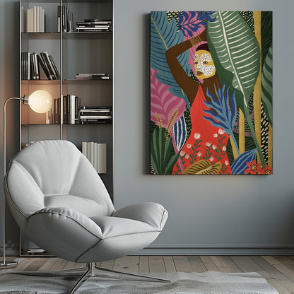 A vibrant, stylized illustration of a dark-skinned woman with a yellow and white patterned face mask, standing amidst a lush jungle. She wears a bright red dress and is surrounded by large, colorful tropical leaves in shades of green, blue, and pink. Artwork