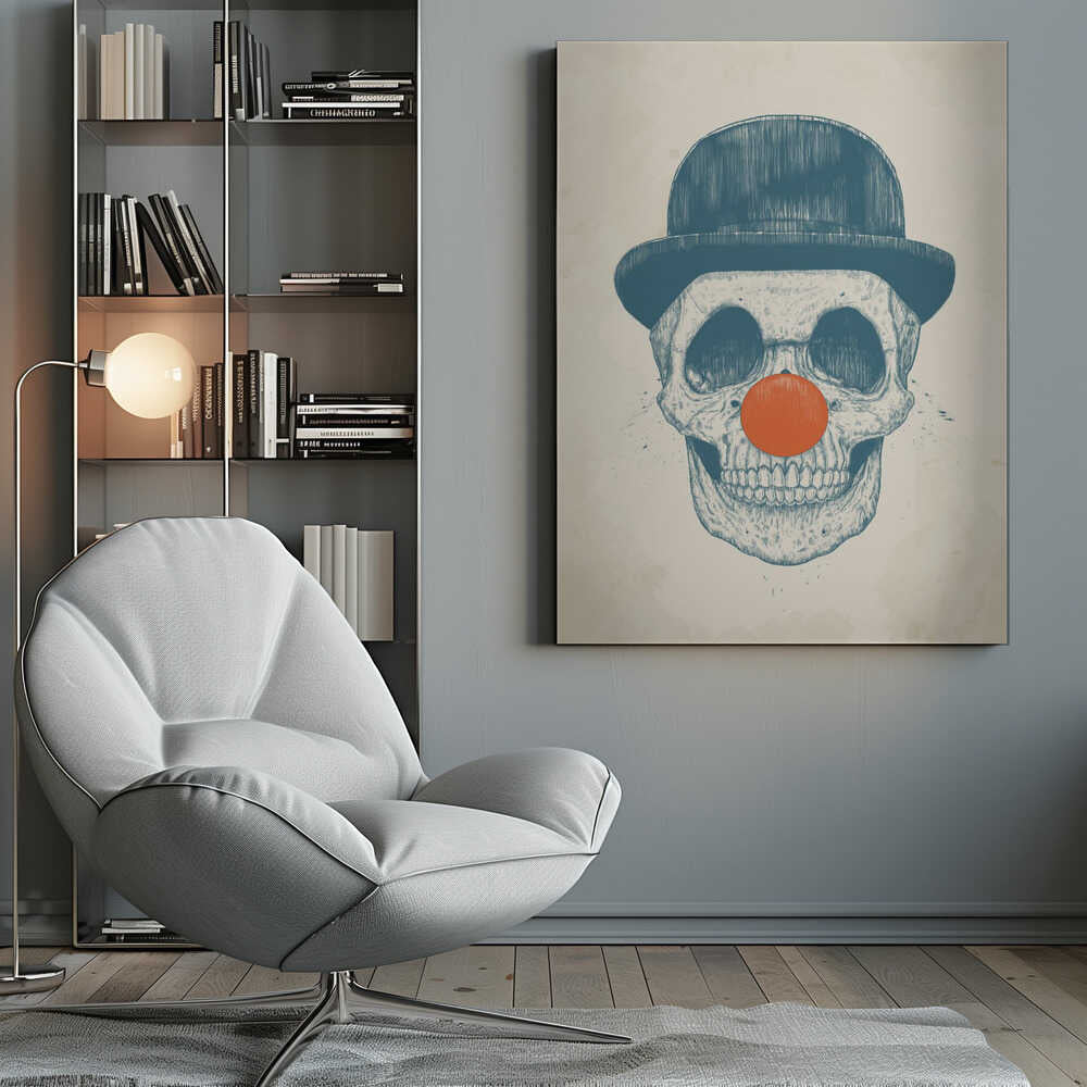 An illustration of a human skull wearing a blue bowler hat and a bright orange clown nose, rendered in a blue sketch style against a cream-colored, textured background. Wall Art
