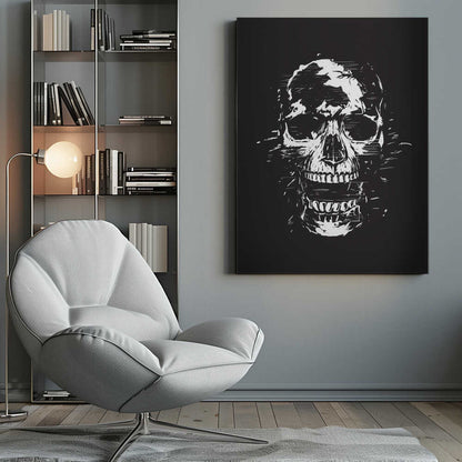 A high-contrast black and white illustration of a human skull with its mouth open. The image is rendered in a rough, distressed, and sketchy style with glitch-like horizontal lines and splatters, all set against a solid black background and enclosed in a thin black frame. Wall Art