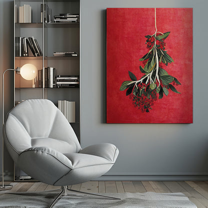 A botanical artwork of a hanging sprig with green leaves and red berries set against a vibrant, textured red background, presented in a black frame. Print