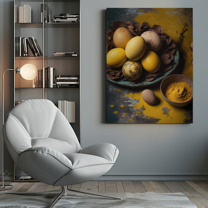 A rustic still life photograph of yellow and speckled brown eggs in a nest of leaves on a plate, with a bowl of yellow spice powder on a dark, textured surface. Print