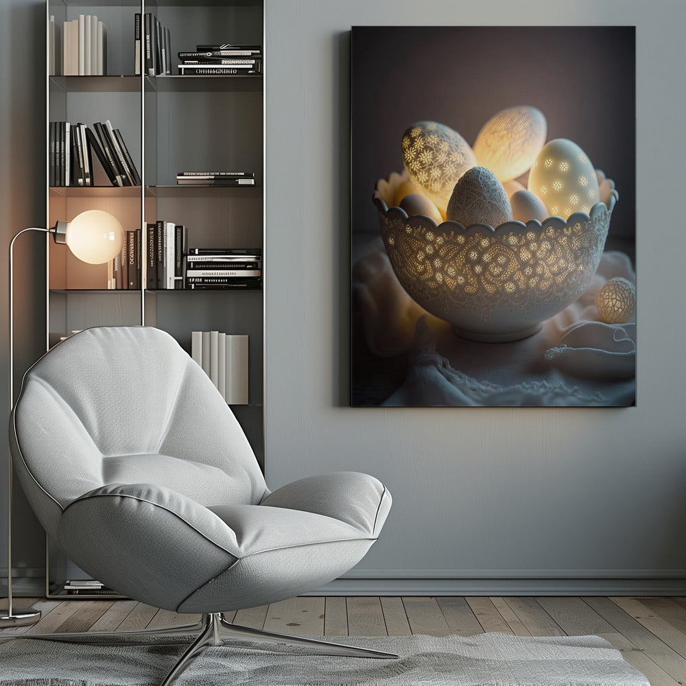 A still life photo of a white, intricately carved bowl resembling lace, filled with decorative eggs. Several of the eggs and the bowl itself are lit from within, casting a warm, golden glow through cutout patterns of flowers and delicate designs, creating a magical, cozy atmosphere against a dark background. Decor