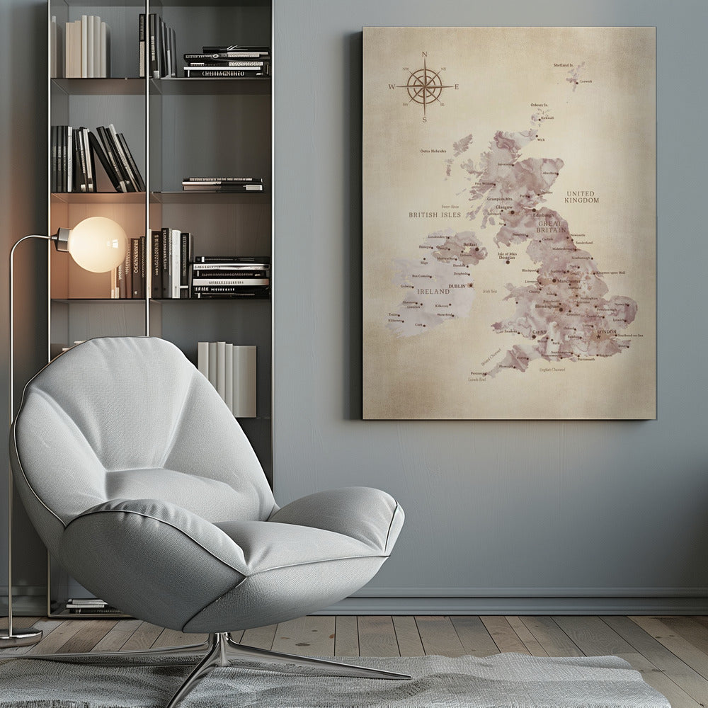 A vintage-style map of the British Isles, including Great Britain and Ireland, presented in a black frame. The map has a textured, parchment-like background, with the landmasses depicted in a muted, purple-brown watercolor effect. Major cities are labeled in a classic font, and a compass rose is featured in the upper left corner. Artwork