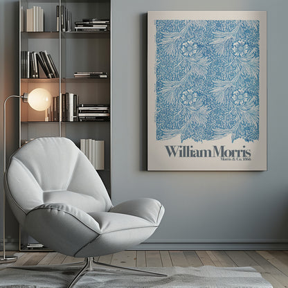 A framed art print of a William Morris design featuring an intricate, repeating floral and foliage pattern in blue on a white background. Below the pattern, the text 'William Morris' and 'Morris & Co. 1866' is printed in grey against a cream-colored border. Artwork