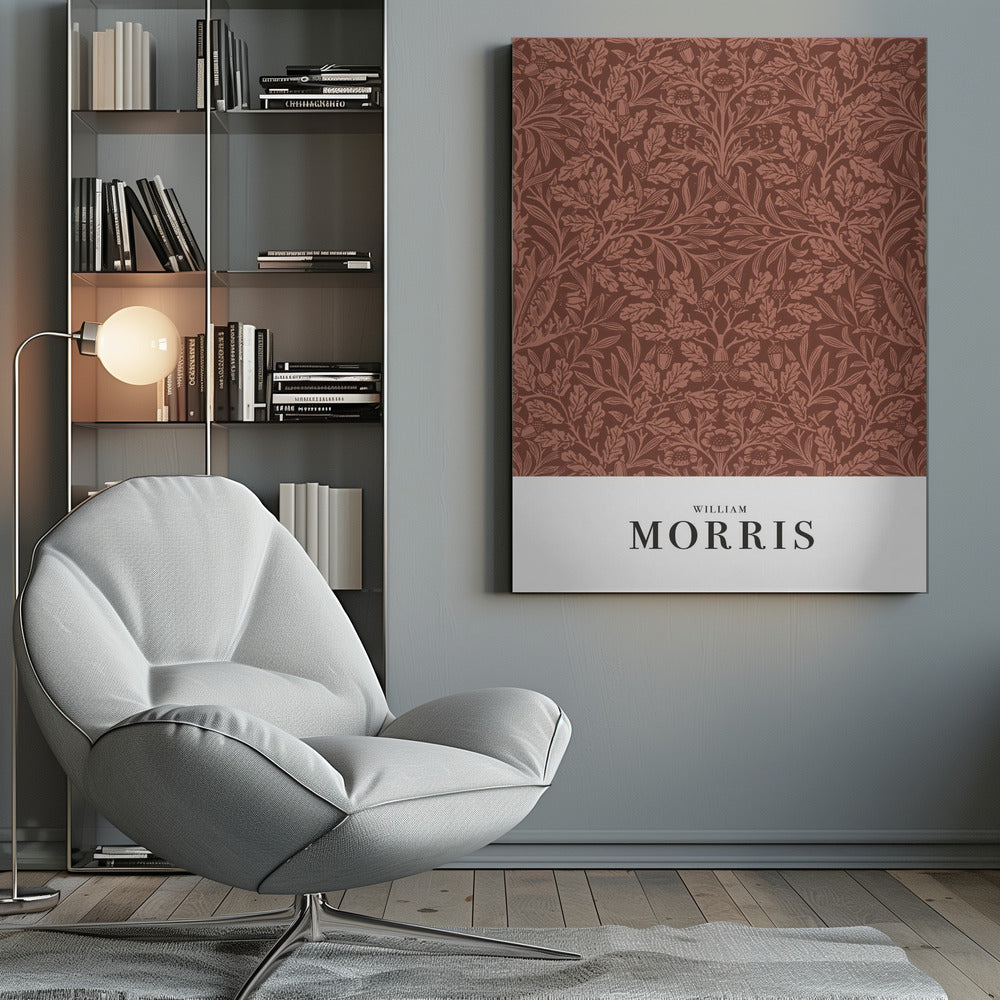 A framed art print of a classic William Morris design. The intricate, symmetrical pattern features terracotta-colored oak leaves, acorns, and stylized flowers on a rich brown background. Below the pattern is a white section with the name 'WILLIAM MORRIS' in black serif font. Print