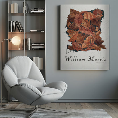 A framed art print by William Morris titled 'Acanthus 1879-1881'. The artwork features an intricate pattern of swirling acanthus leaves in shades of brown, rust, and orange against a dark background, all set on a textured off-white paper. Poster