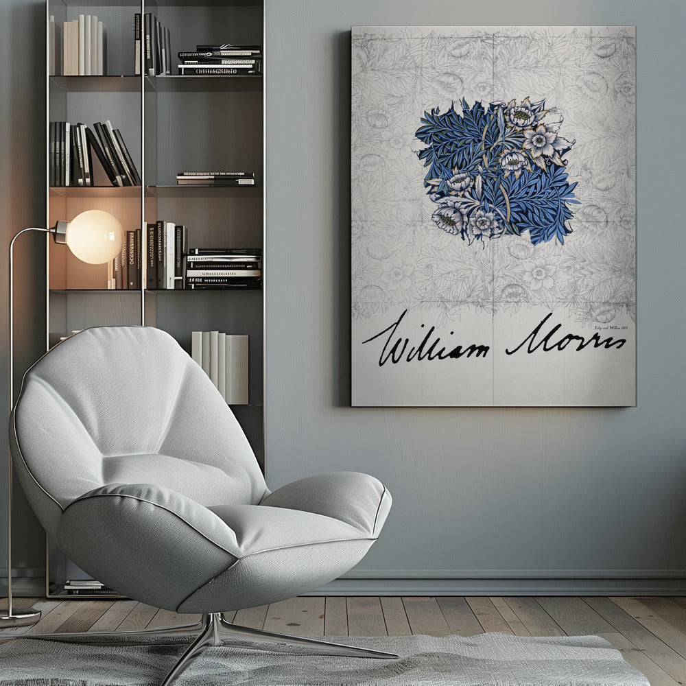 A framed vintage art print by William Morris. The artwork showcases a central colored sample of an intricate blue, white, and gold floral and foliage pattern, laid over a faint grayscale sketch of a similar repeating design. Below, the artist's name 'William Morris' is written in a large, black, cursive script. Print