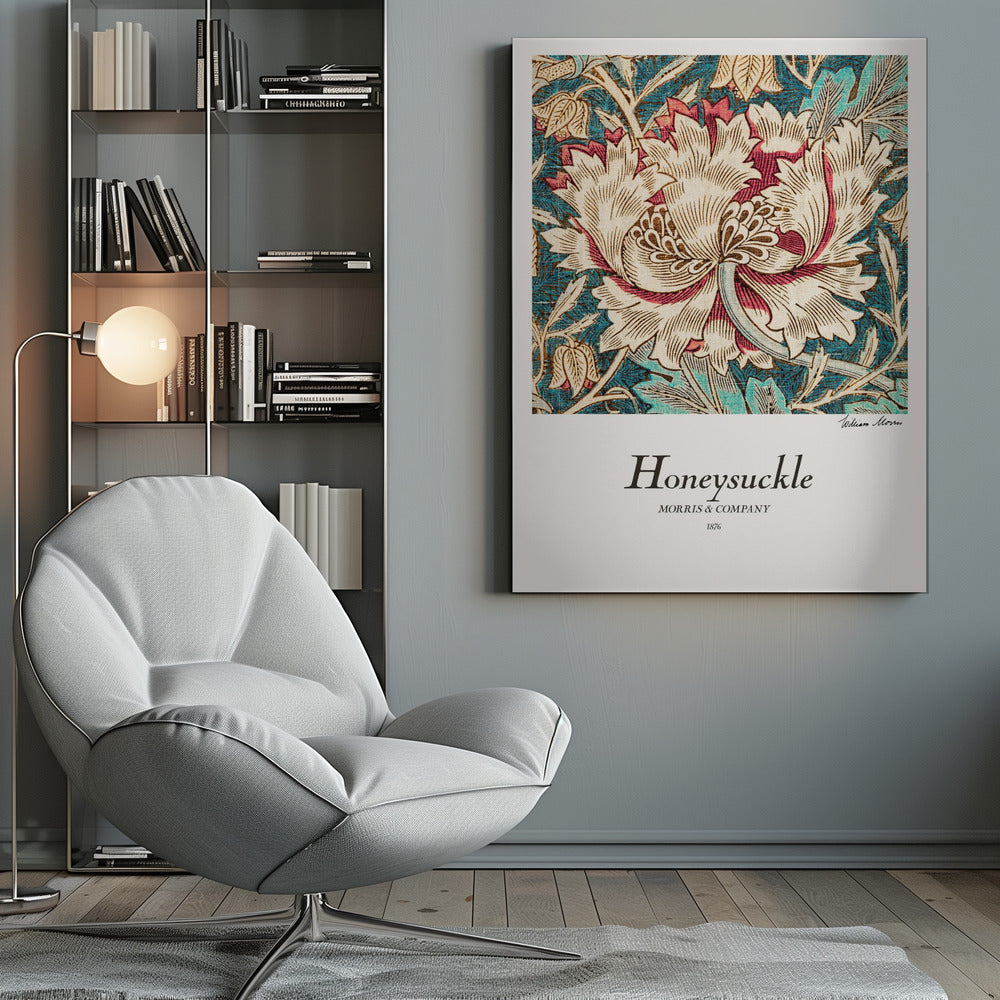 A vintage art print by William Morris titled 'Honeysuckle' from 1876. The design features a large, stylized cream and red honeysuckle flower on a detailed background of teal leaves and smaller tan flowers. The poster has a white border with text and is in a black frame. Wall Art
