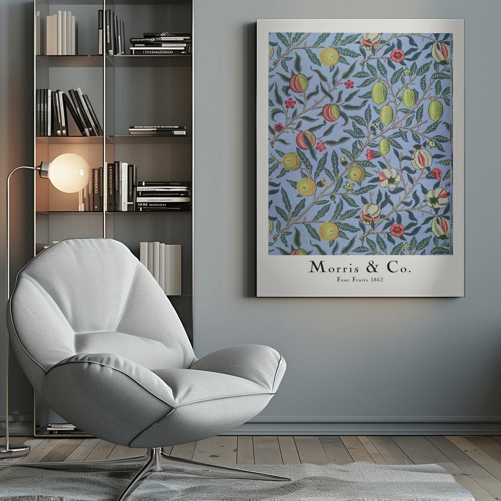 A framed art print of the 'Four Fruits 1862' pattern by Morris & Co. The intricate botanical design features various fruits like lemons, pomegranates, and oranges, along with red and yellow flowers, all intertwined on branches with dark green leaves against a light blue background. Poster