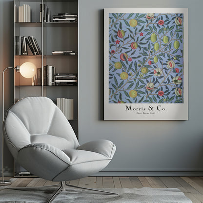 A framed art print of the 'Four Fruits 1862' pattern by Morris & Co. The intricate botanical design features various fruits like lemons, pomegranates, and oranges, along with red and yellow flowers, all intertwined on branches with dark green leaves against a light blue background. Poster
