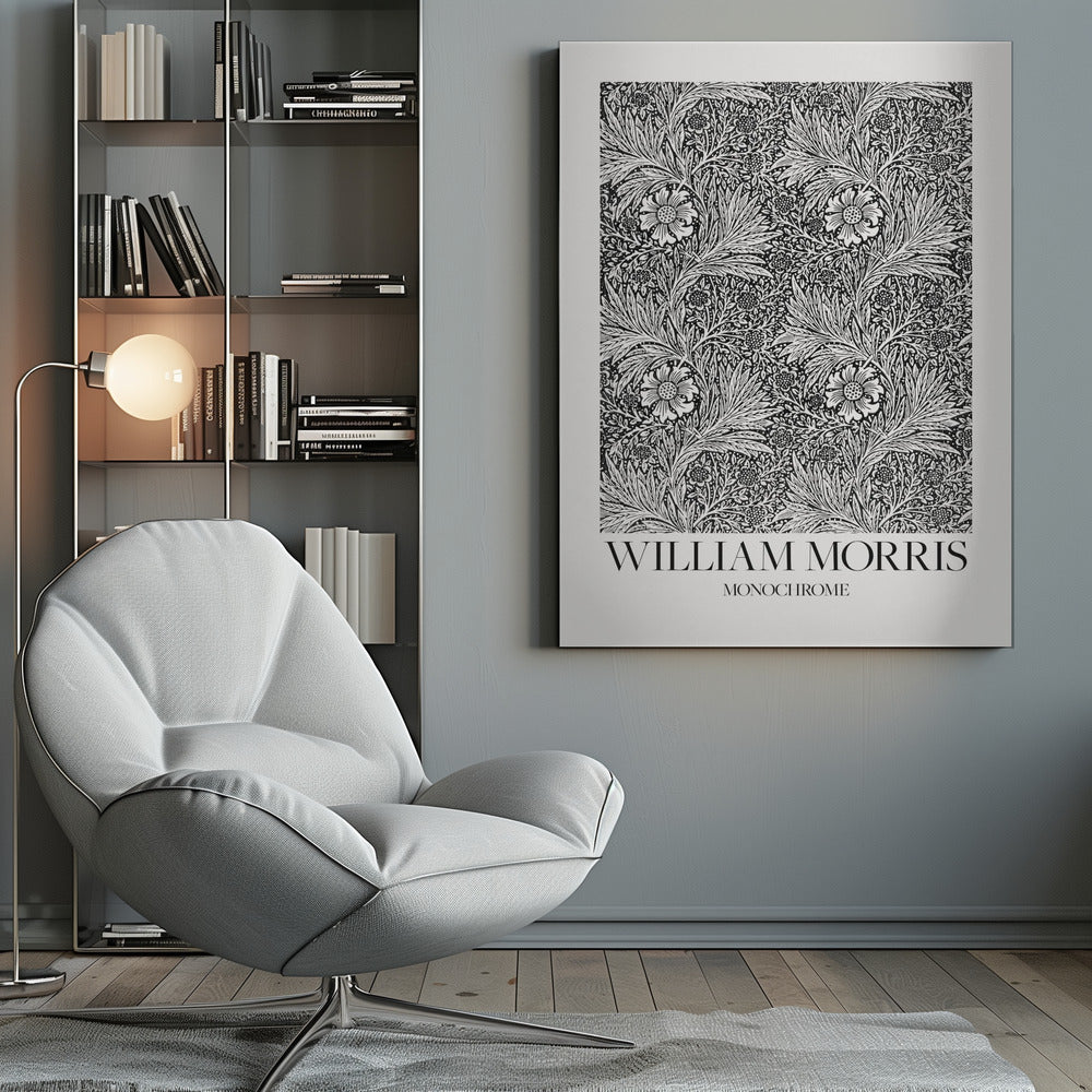 A framed art print featuring a classic William Morris pattern in monochrome. The intricate black and white design is filled with dense, swirling foliage and stylized flowers. The artwork has a white border, and at the bottom, the text 'WILLIAM MORRIS' is displayed prominently, with 'MONOCHROME' written underneath in a smaller font. Artwork
