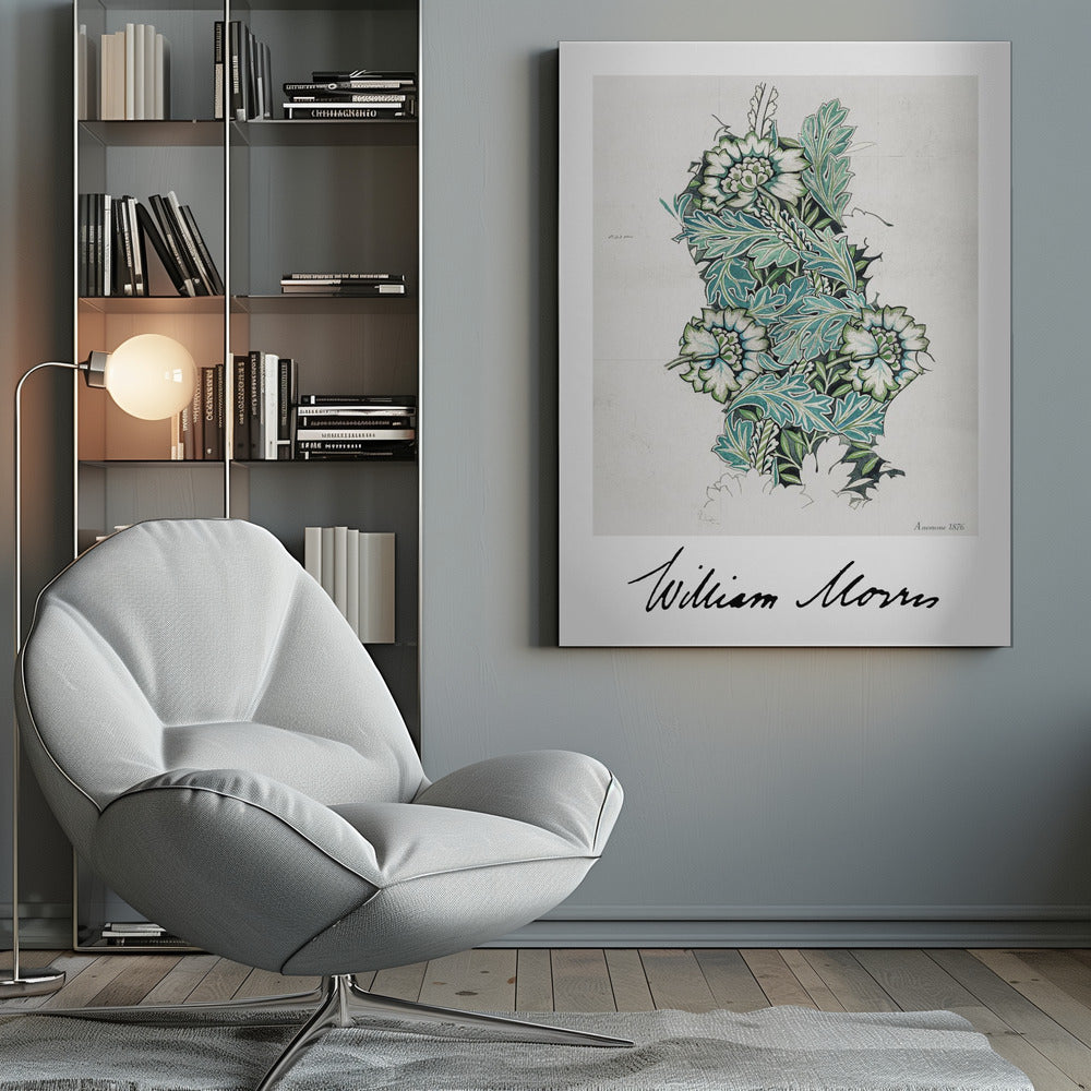 A framed vintage art print by William Morris titled 'Anemone 1876'. The design features a detailed botanical illustration of stylized anemone flowers and acanthus leaves in shades of green, teal, and white on a light grey background. The artist's signature is prominent at the bottom. Decor