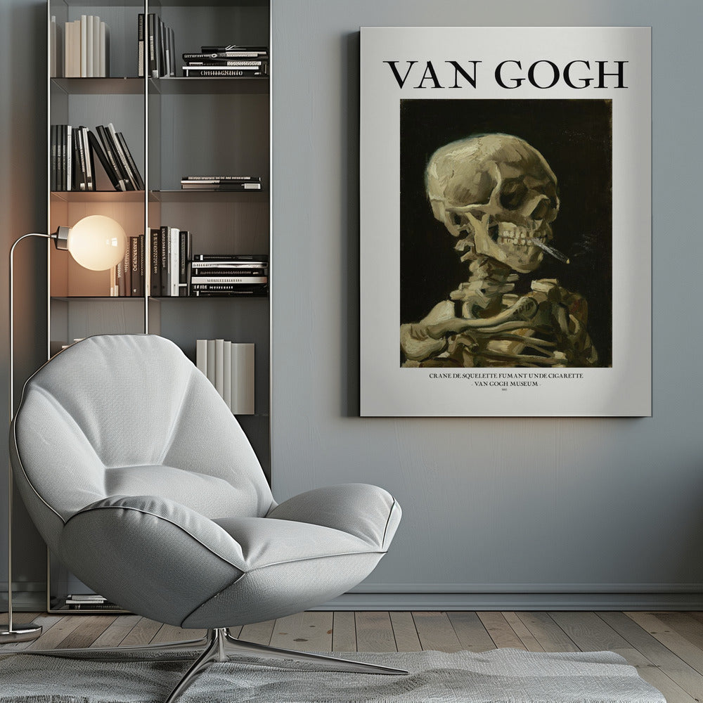 A framed poster of Vincent van Gogh's famous painting, 'Skull of a Skeleton with Burning Cigarette.' The artwork features a human skeleton against a dark background, with a lit cigarette clamped between its teeth. The poster includes the artist's name, 'VAN GOGH,' in large text at the top. Artwork