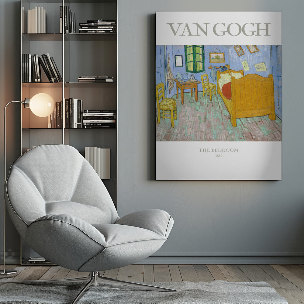 A poster of Vincent van Gogh's famous painting 'The Bedroom' from 1889. The artwork depicts a simple, colorful room with a yellow wooden bed, two chairs, and light blue walls, all rendered in his iconic post-impressionist style with thick brushstrokes. The poster has a black frame, and white borders with the text 'VAN GOGH' at the top and 'THE BEDROOM - 1889 -' at the bottom. Artwork