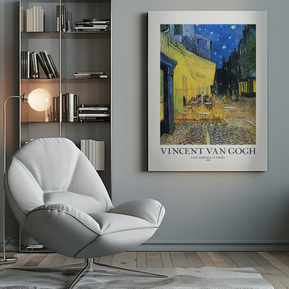 A framed art print of Vincent van Gogh's painting, 'Café Terrace at Night'. The post-impressionist artwork shows a brightly lit yellow café with patrons at tables on a cobblestone street, set against a deep blue, star-filled night sky. The text 'VINCENT VAN GOGH', 'CAFÉ TERRACE AT NIGHT', and '- 1888 -' is below the painting. Poster
