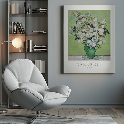 A framed art print of Vincent van Gogh's painting 'Roses'. It features a lush bouquet of white roses with green leaves in a green vase, set against a light green background. The impressionist style is evident in the thick, visible brushstrokes. The print has a white mat with the text 'VAN GOGH' and 'ROSES' at the bottom. Wall Art