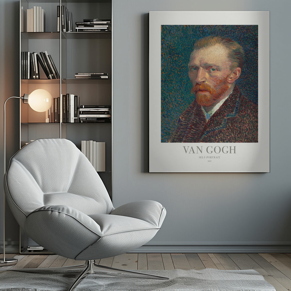 A framed poster of Vincent van Gogh's 1887 self-portrait. The Post-Impressionist painting features the artist with a fiery red beard and intense gaze against a stippled blue and orange background. The poster includes text identifying the artist and artwork. Print