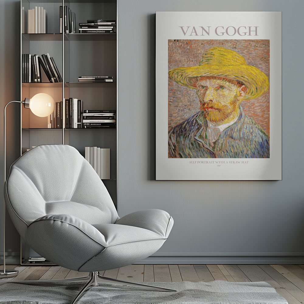 A framed art print of Vincent van Gogh's 'Self Portrait with a Straw Hat' from 1887. The post-impressionist painting shows the artist in a bright yellow straw hat and a blue jacket, with his characteristic intense gaze and reddish beard. The print is on a light-colored background with the artist's name at the top and the title and year at the bottom. Artwork