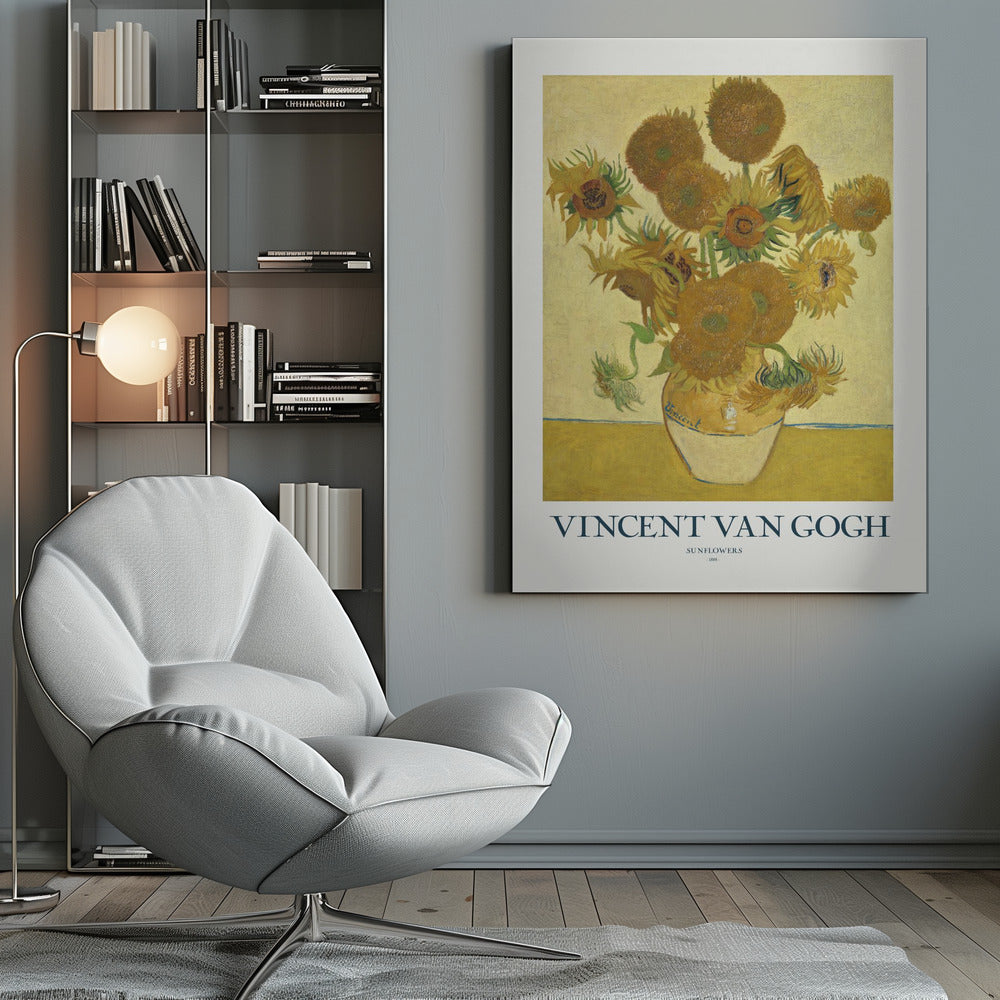 A poster of Vincent van Gogh's 'Sunflowers' painting, featuring a yellow vase with sunflowers against a yellow background. The poster has a white border with the text 'VINCENT VAN GOGH' and is set in a black frame. Poster