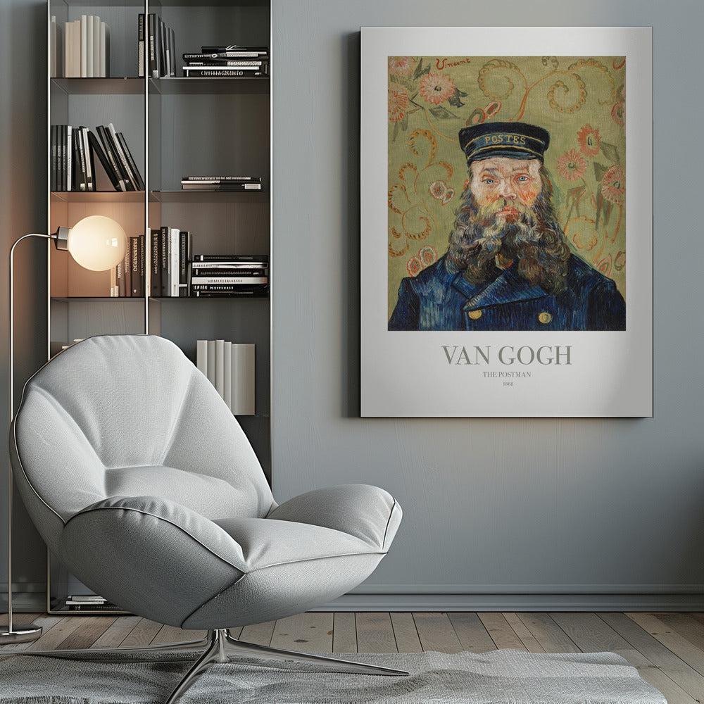 A framed art print of Vincent van Gogh's painting 'The Postman' from 1888. The portrait shows a man with a thick, wavy beard and blue eyes, wearing a dark blue postman's uniform and cap. The background is a decorative light green with a swirling floral pattern. Poster