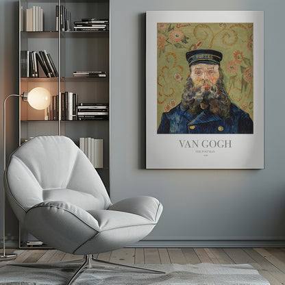 A framed art print of Vincent van Gogh's painting 'The Postman' from 1888. The portrait shows a man with a thick, wavy beard and blue eyes, wearing a dark blue postman's uniform and cap. The background is a decorative light green with a swirling floral pattern. Poster