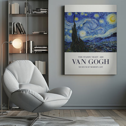 A framed art print of Vincent van Gogh's 'The Starry Night' from 1889. The painting depicts a dramatic, swirling night sky in deep blues and yellows, with a bright crescent moon and glowing stars. A large, dark cypress tree stands in the foreground, reaching towards the sky, with a peaceful village nestled in the hills below. The poster has a white border at the bottom with the text 'THE STARRY NIGHT - 1889', 'VAN GOGH', and 'MUSEUM OF MODERN ART'. Wall Art