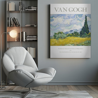 A framed museum poster of Vincent van Gogh's 'Wheat Field with Cypresses.' The impressionist painting depicts a golden wheat field under a swirling blue sky, with dark green cypress trees to the right and distant blue mountains. Decor