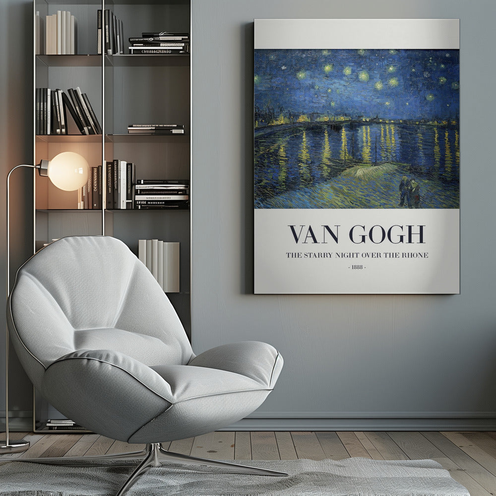 A framed poster of Vincent van Gogh's famous painting, 'The Starry Night Over the Rhone' from 1888. The painting depicts a deep blue night sky filled with bright yellow stars, reflected in the water below. In the foreground, a couple strolls along the riverbank. The title and artist's name are printed below the image on a white background. Wall Art