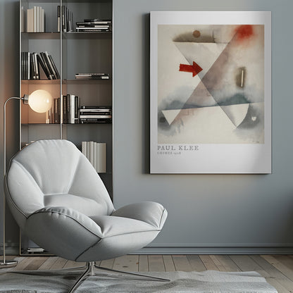 A framed print of Paul Klee's abstract painting 'Chimes 1928'. The artwork features overlapping geometric shapes in muted watercolor tones of gray and brown, with a prominent solid red arrow pointing to the right. Poster