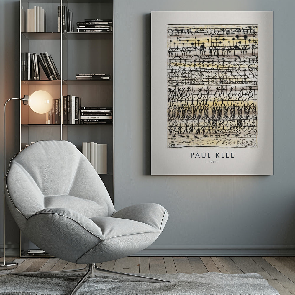 A framed art print of Paul Klee's 1924 abstract work, featuring horizontal rows of intricate, hieroglyphic-like black ink symbols and figures on a textured cream and pale yellow background. The artist's name and the year are printed below the artwork. Print
