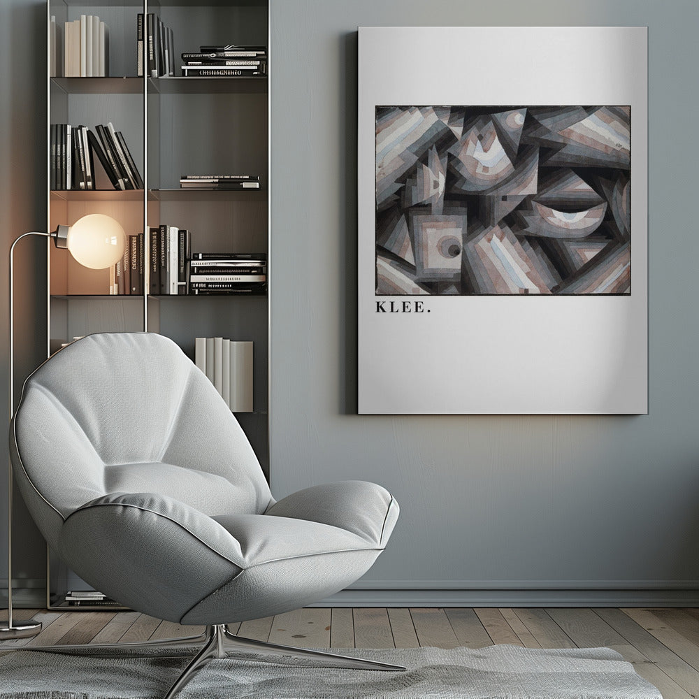 A framed art print of a Paul Klee abstract painting. The artwork is a complex composition of geometric shapes, including triangles, squares, and arcs, in a muted palette of grays, browns, and light blues. The name 'KLEE.' is printed in a black serif font on the white mat below the image. Decor