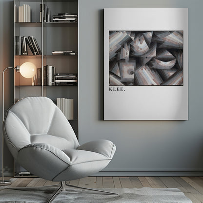 A framed art print of a Paul Klee abstract painting. The artwork is a complex composition of geometric shapes, including triangles, squares, and arcs, in a muted palette of grays, browns, and light blues. The name 'KLEE.' is printed in a black serif font on the white mat below the image. Decor