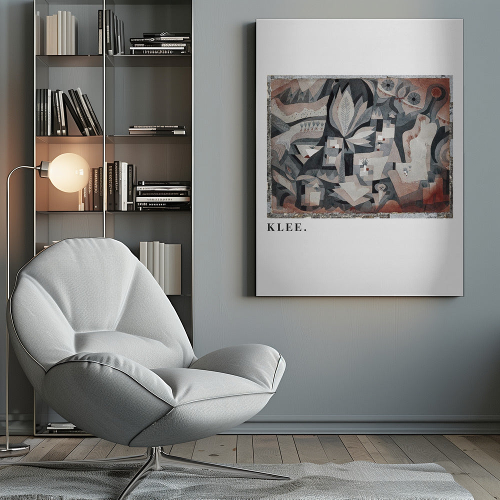 A framed art print of an abstract painting by Paul Klee. The complex composition features geometric and biomorphic shapes in a muted palette of gray, brown, and terracotta. Below the artwork, on a white mat, the name 'KLEE.' is printed in a black serif font. Decor