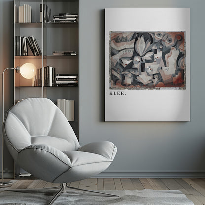 A framed art print of an abstract painting by Paul Klee. The complex composition features geometric and biomorphic shapes in a muted palette of gray, brown, and terracotta. Below the artwork, on a white mat, the name 'KLEE.' is printed in a black serif font. Decor