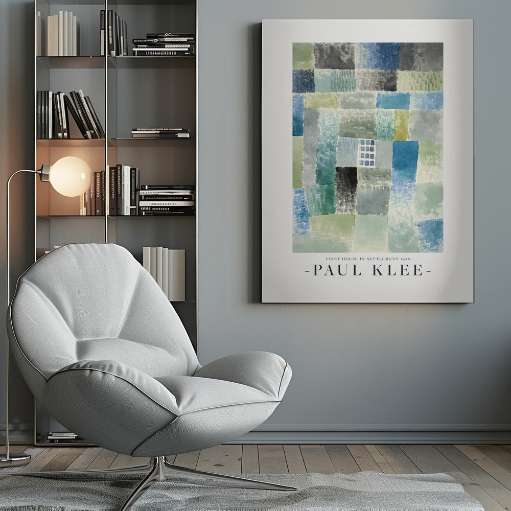 A framed art print of Paul Klee's 1926 painting 'First House in Settlement.' The artwork is an abstract composition of rectangular watercolor blocks in muted shades of blue, green, and grey, arranged in a grid pattern. The title and artist's name are printed below the image. Decor