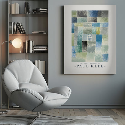 A framed art print of Paul Klee's 1926 painting 'First House in Settlement.' The artwork is an abstract composition of rectangular watercolor blocks in muted shades of blue, green, and grey, arranged in a grid pattern. The title and artist's name are printed below the image. Decor