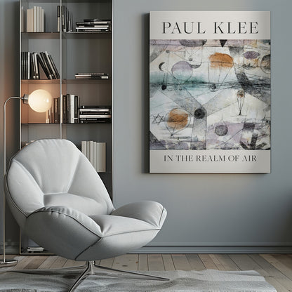 A framed art poster of Paul Klee's painting 'In the Realm of Air'. The abstract artwork features a whimsical scene with floating orbs and balloon-like shapes in muted watercolor tones of blue, orange, and purple, overlaid with intricate black ink linework. The artist's name is at the top and the title is at the bottom in a simple serif font on a cream-colored border. Decor