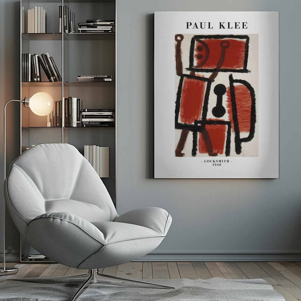 A framed art print of Paul Klee's 1940 painting 'Locksmith'. The abstract artwork features a composition of thick black lines and blocks of red and brown paint on a cream background, resembling a figure. The poster includes the text 'PAUL KLEE' at the top and '- LOCKSMITH - 1940' at the bottom. Artwork