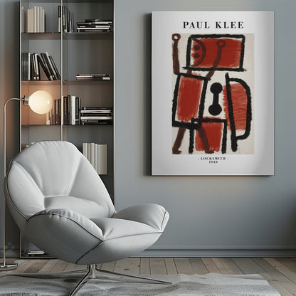 A framed art print of Paul Klee's 1940 painting 'Locksmith'. The abstract artwork features a composition of thick black lines and blocks of red and brown paint on a cream background, resembling a figure. The poster includes the text 'PAUL KLEE' at the top and '- LOCKSMITH - 1940' at the bottom. Artwork
