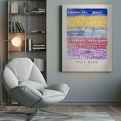 A framed art print of Paul Klee's 1928 watercolor painting 'Old City.' The abstract piece features horizontal bands of color, from top to bottom: a dark blue sky, a yellow section with building-like patterns, and layers of intricate lattice-like designs in blue, magenta, and purple. Artwork