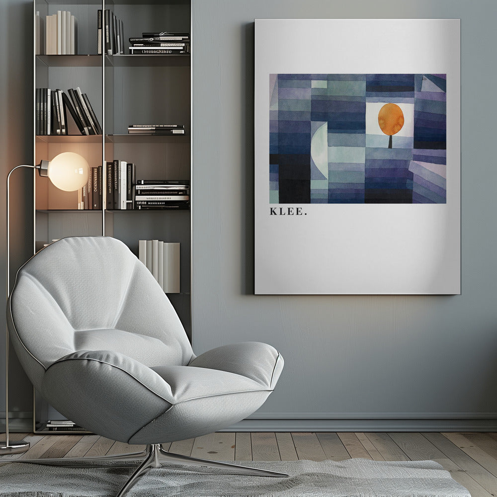 A framed art print of a Paul Klee painting featuring a geometric composition of rectangles in various shades of blue and purple. A single, stylized orange tree with a round top stands out against a white square. The artist's name, 'KLEE.', is printed in the lower left corner on the white mat. Decor