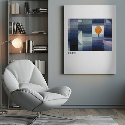 A framed art print of a Paul Klee painting featuring a geometric composition of rectangles in various shades of blue and purple. A single, stylized orange tree with a round top stands out against a white square. The artist's name, 'KLEE.', is printed in the lower left corner on the white mat. Decor
