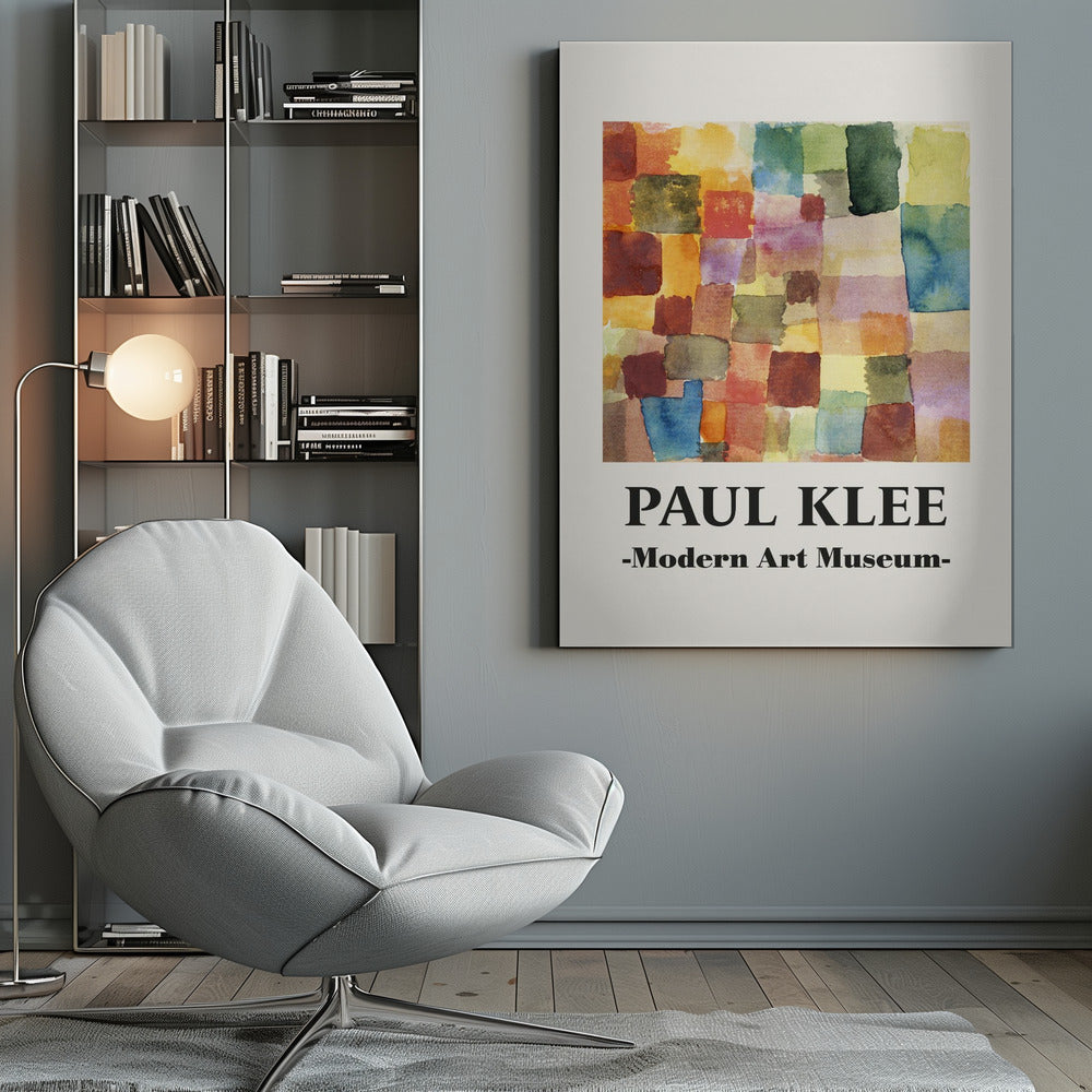 A framed museum poster for a Paul Klee exhibition at the Modern Art Museum. The poster features an abstract watercolor painting composed of a grid of colorful, overlapping squares and rectangles in shades of red, orange, yellow, green, and blue. Decor
